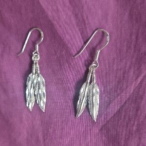 Vintage Sterling Silver Feather Wire Drop Earrings